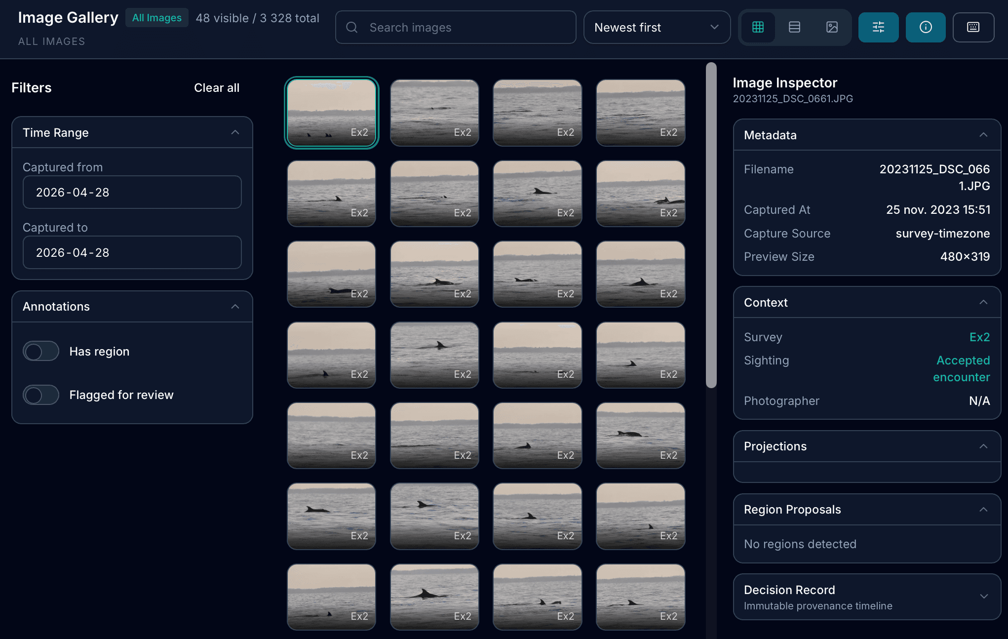 Image gallery for browsing survey imagery and filtering marine research datasets